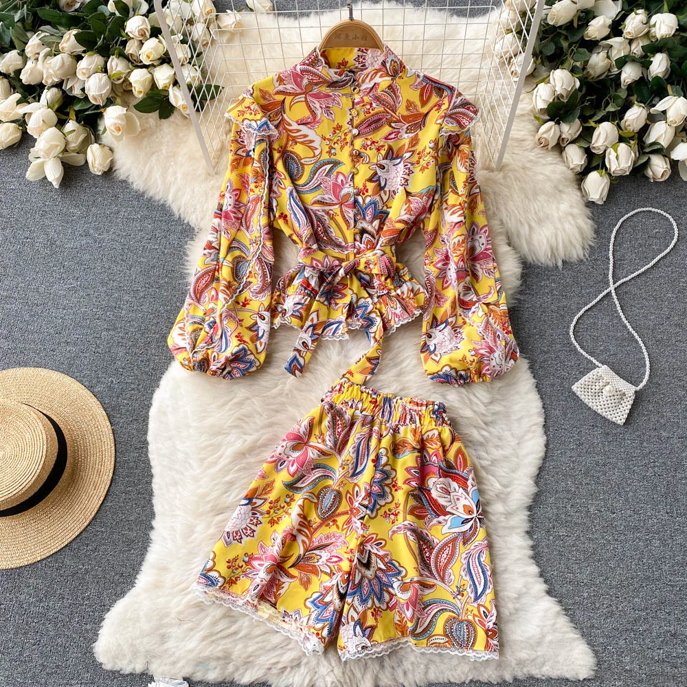 

European and American Style French Retro Print Waist Bandage Puff Sleeve Shirt Women's High Waist Casual Shorts Two-piece Set