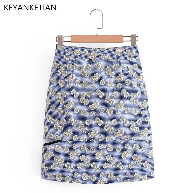 

KEYANKETIAN Summer's New Pastoral Flower Jacquard High Fanny Pack Hip Half Skirt Women's Sweet Hollowed Out A-Line Mini Skirt