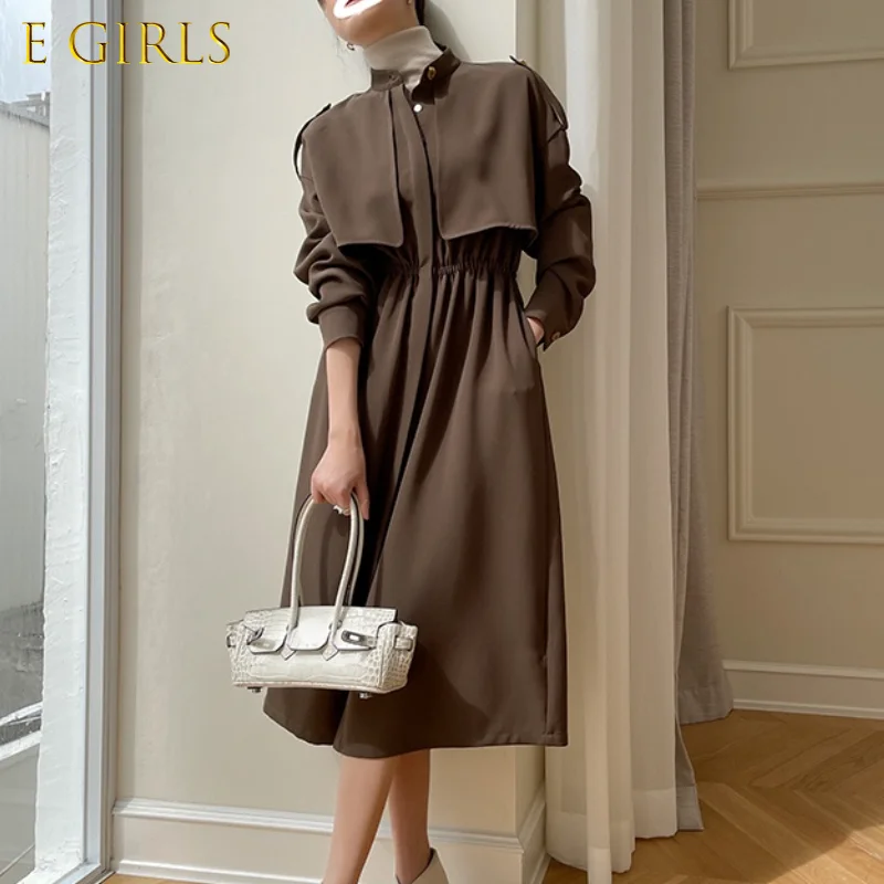 

E GIRLS Winter Safari Style Trench Dress Women Casual Long Sleeve Office Lady Midi Shirt Dress Party One Piece Dress Korea