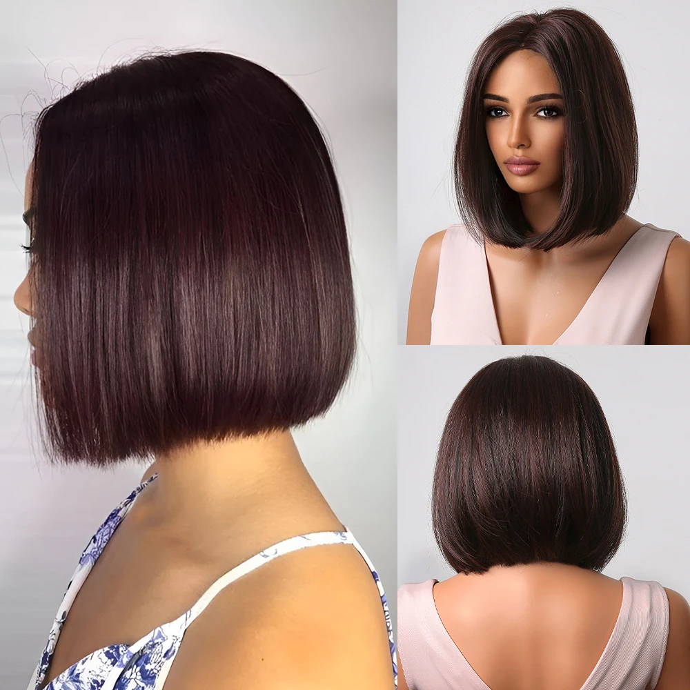 

Short Synthetic Wigs for Women Dark Brown with Auburn Red Bob Straight Wig Cosplay Party Natural Middle Part Hair Heat Resistant