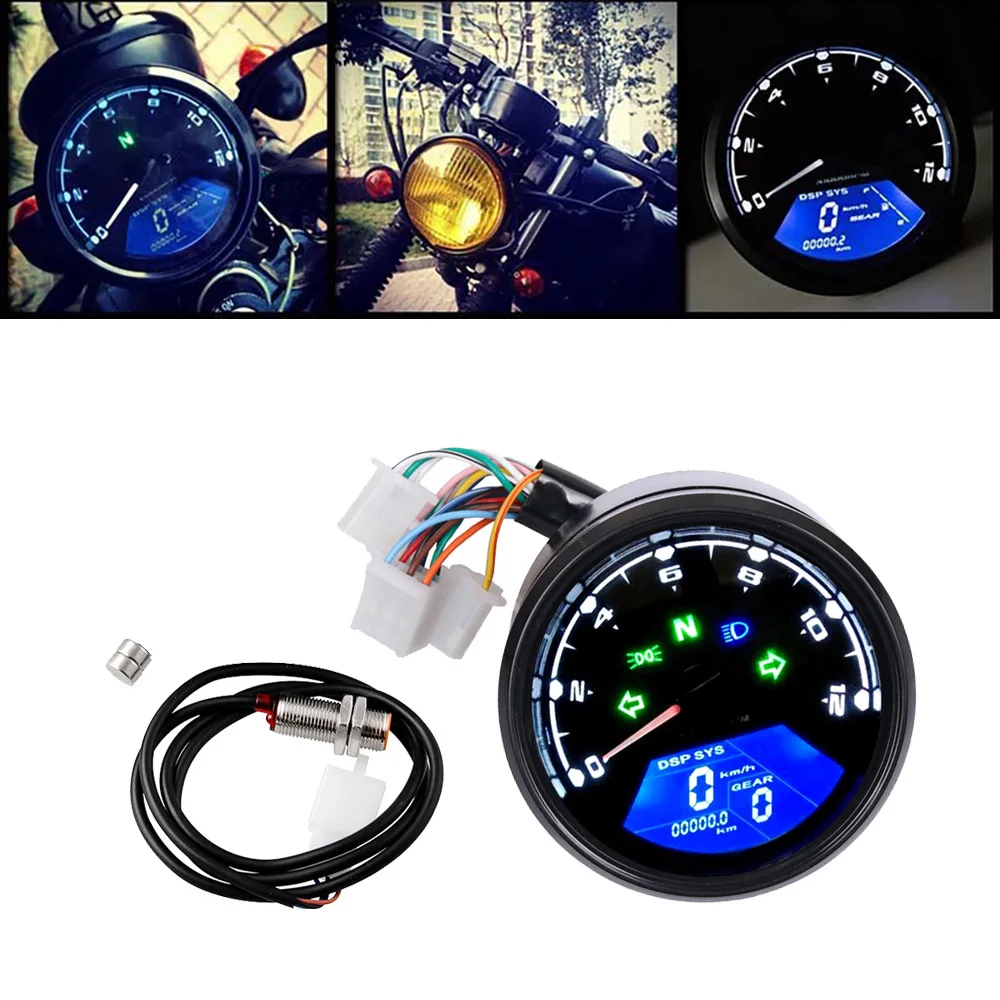 

LCD Digital Motorcycle Speedometer Tachometer Cafe Racer Moto Odometer 12000RPM