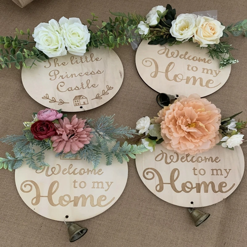 

Wood Welcome Sign Wooden Artificial Wreath Hanging Round Plaque for Home Farmhouse Garden Front Door Decoration Crafts