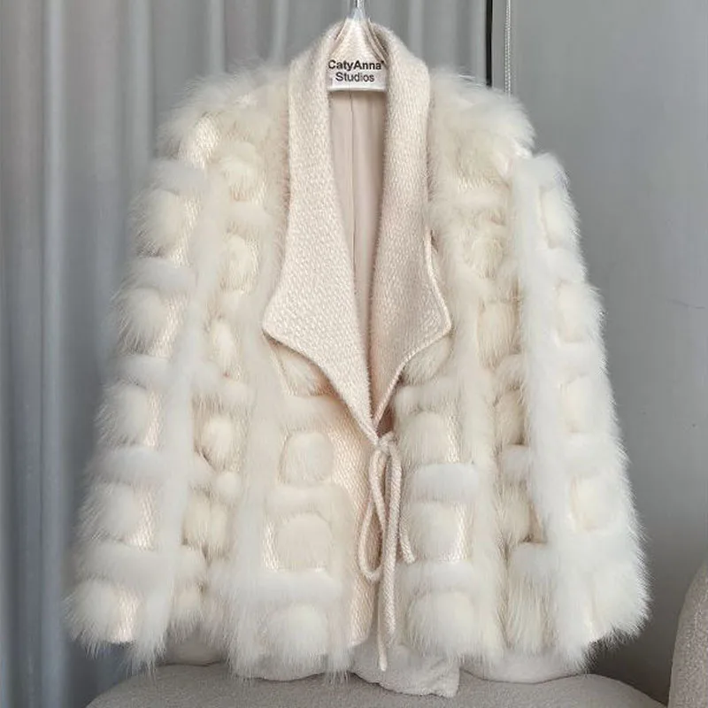 Parkas Womens Outdoors Coats Jackets 2022 Winter Faux Fur Fox Fur Splicing Thickening Warm Bandage Cardigan Casual Jackets Woman