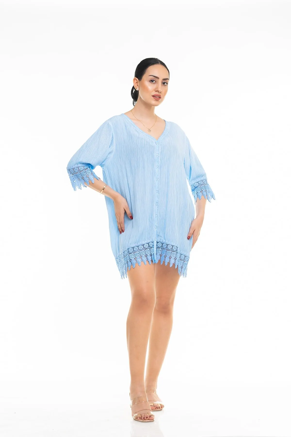 

Women's Pareo Turquoise Lace Sleeves Italian Swimwear Cover Dress Sexy Tunic Suit Beachwear Female Beach Bikini Cover