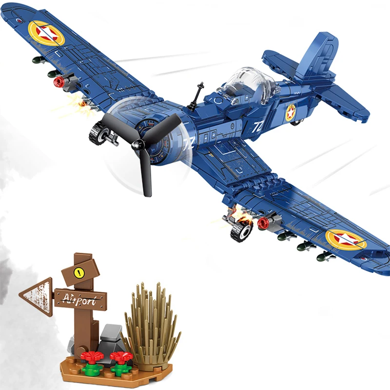 

440pcs WW2 Military F4U Fighter Technical Bomber Model Building Blocks Attack Aircraft Helicopter Bricks Toys Festival Gift