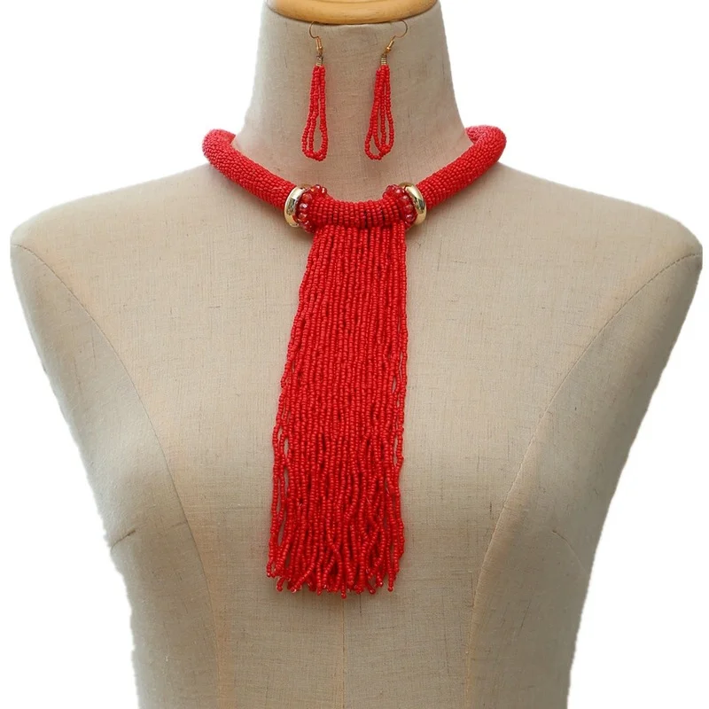 

New Necklace Set Woman 2 Pieces Long Necklace Red Tassel Beads Jewelry Sets for Womens Boho Accesories for Girls Gifts