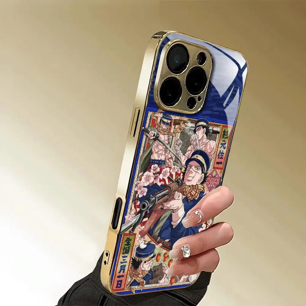 Фото Чехол для телефона GOLDEN KAMUY в стиле аниме для iPhone 17 AIR 16 15 14 13 12 Pro Plus Max, золотой, с гальваническим покрытием, стеклянный №4