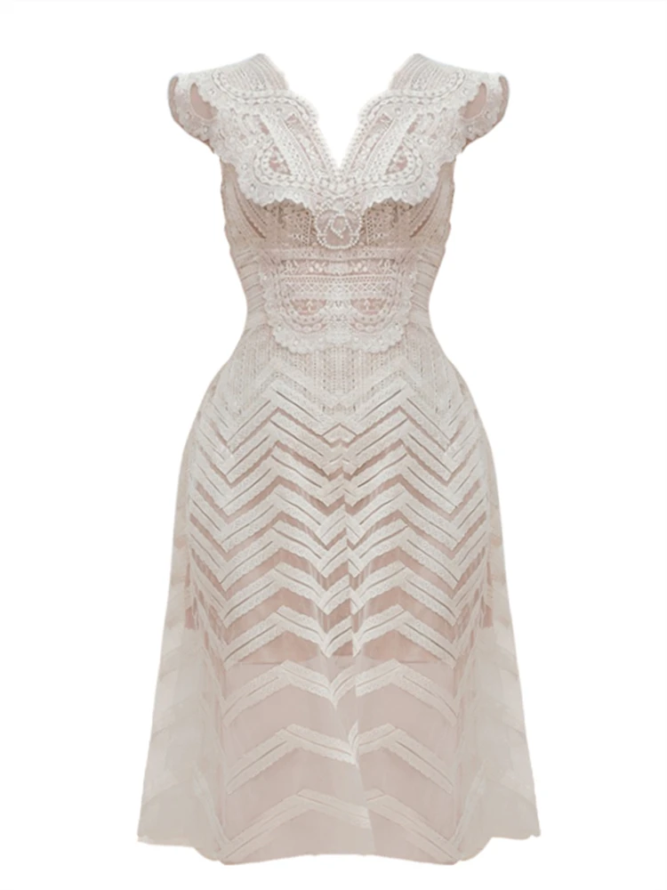 Женский Винтажный кружевной сарафан без рукавов однотонное платье абрикосового