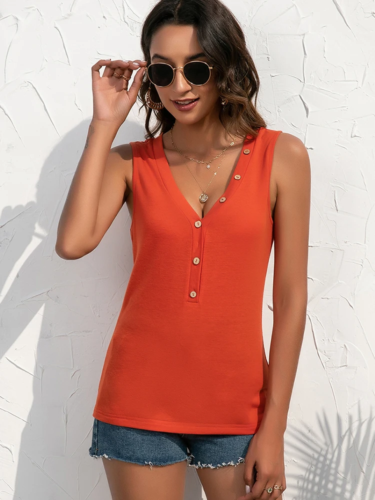 

Новые женские летние пикантные свободные майки с V-образным вырезом, Повседневная однотонная блузка без рукавов на пуговицах, женские празд...