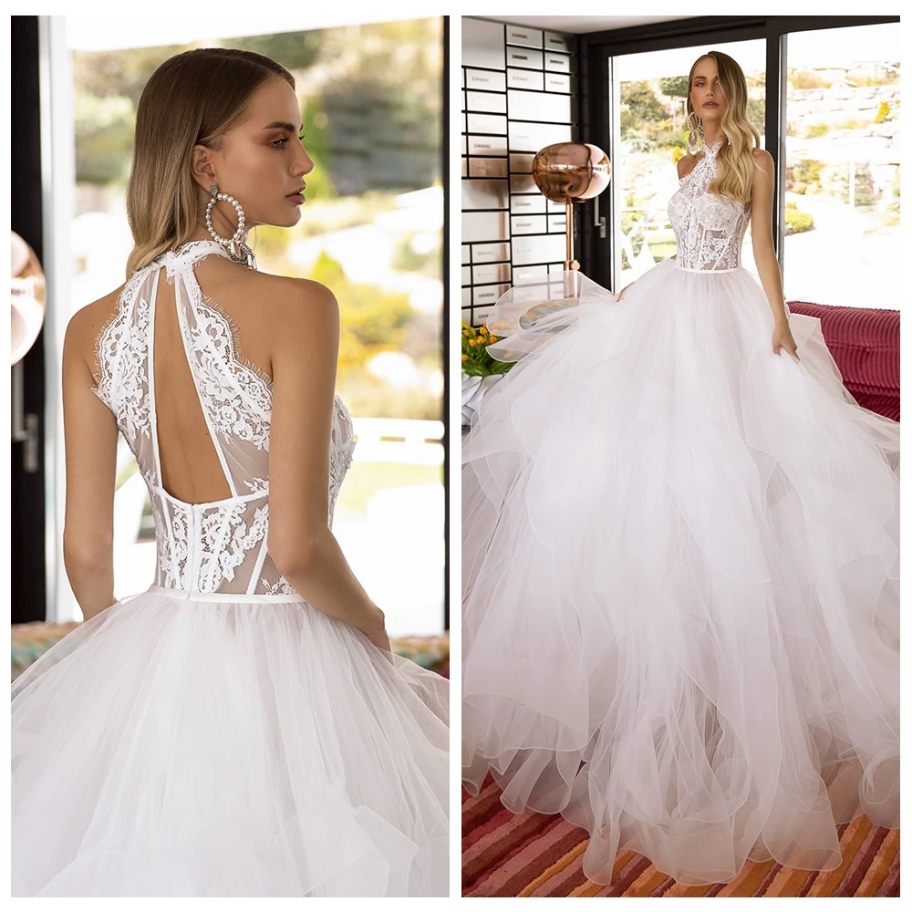 

ADLN Sexy Illusion Bodice Lace Wedding Dresses with Ruffles Halter Ball Gown Bridal Dress Custom Made Robe de Mariage