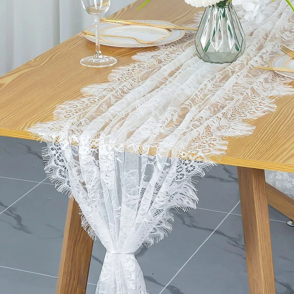 

10FT Lace Table Runner Vintage White/ Black Embroidered Floral Wedding Dining Table Decorations Table Cover For Wedding Party