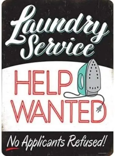 Vntge Metl Tn Sgn Lundry Servce Help Wnted for Home Br Pub Ktchen Grge Resturnt Wll Deocr Plque Sgns 12x8nch