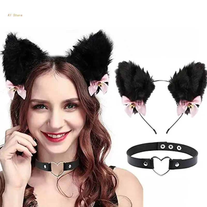 

2Pcs Cats Costume Set Cats Ears Headband Headdress Sweet Lace Choker Halloween Costumes Animal Cosplay Party Props
