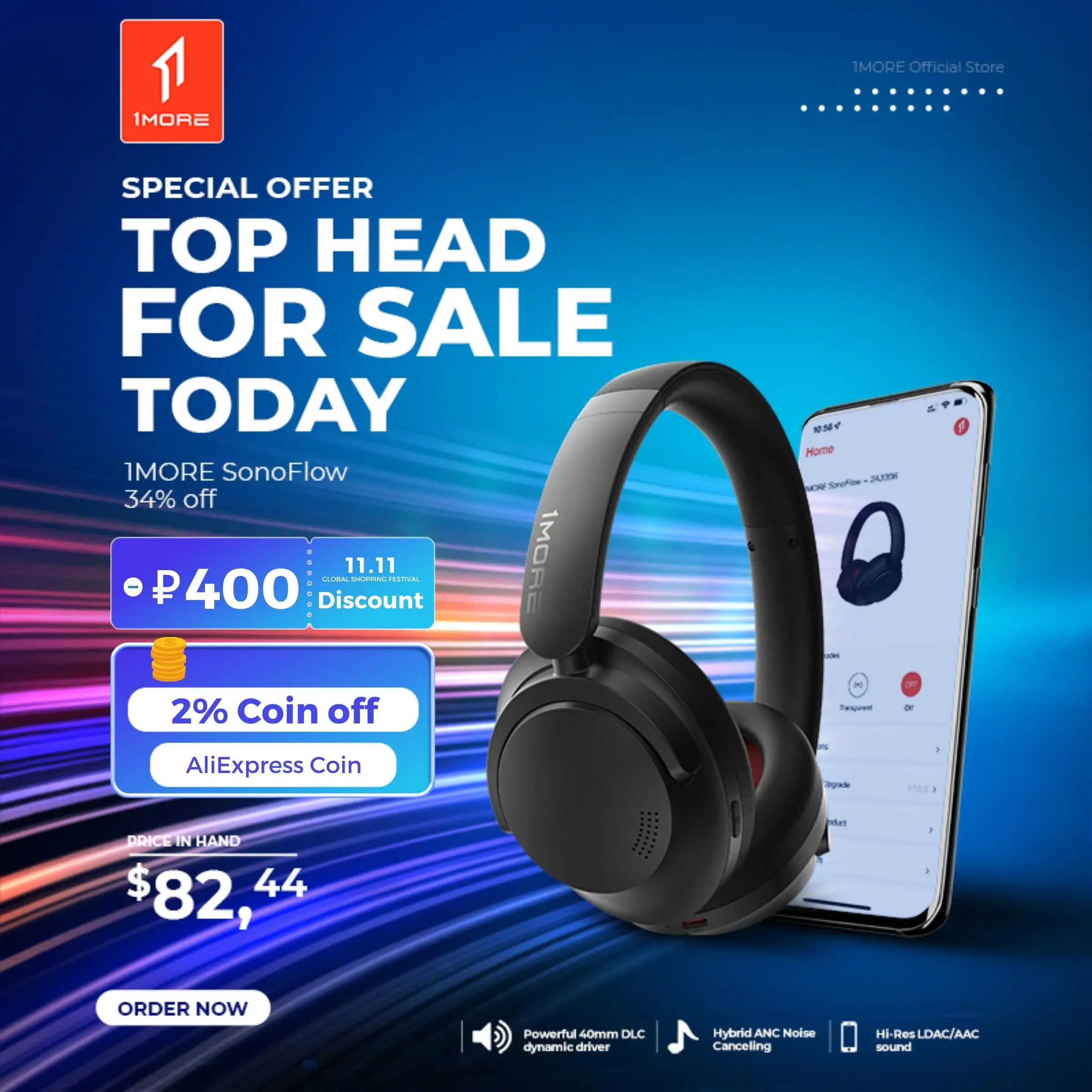 Ceny 1MORE SONOFLOW Hybrydowe Słuchawki ANC Bluetooth, Hi-res LDAC AAC 12 EQ, Bateria 70H, Podłącz 2 Urządzenia, 5 Mikrofonów Wyczyść Połączenie Tanie 1MORE SONOFLOW Hybrydowe Słuchawki ANC Bluetooth, Hi-res LDAC AAC 12 EQ, Bateria 70H, Podłącz 2 Urządzenia, 5 Mikrofonów Wyczyść Połączenie