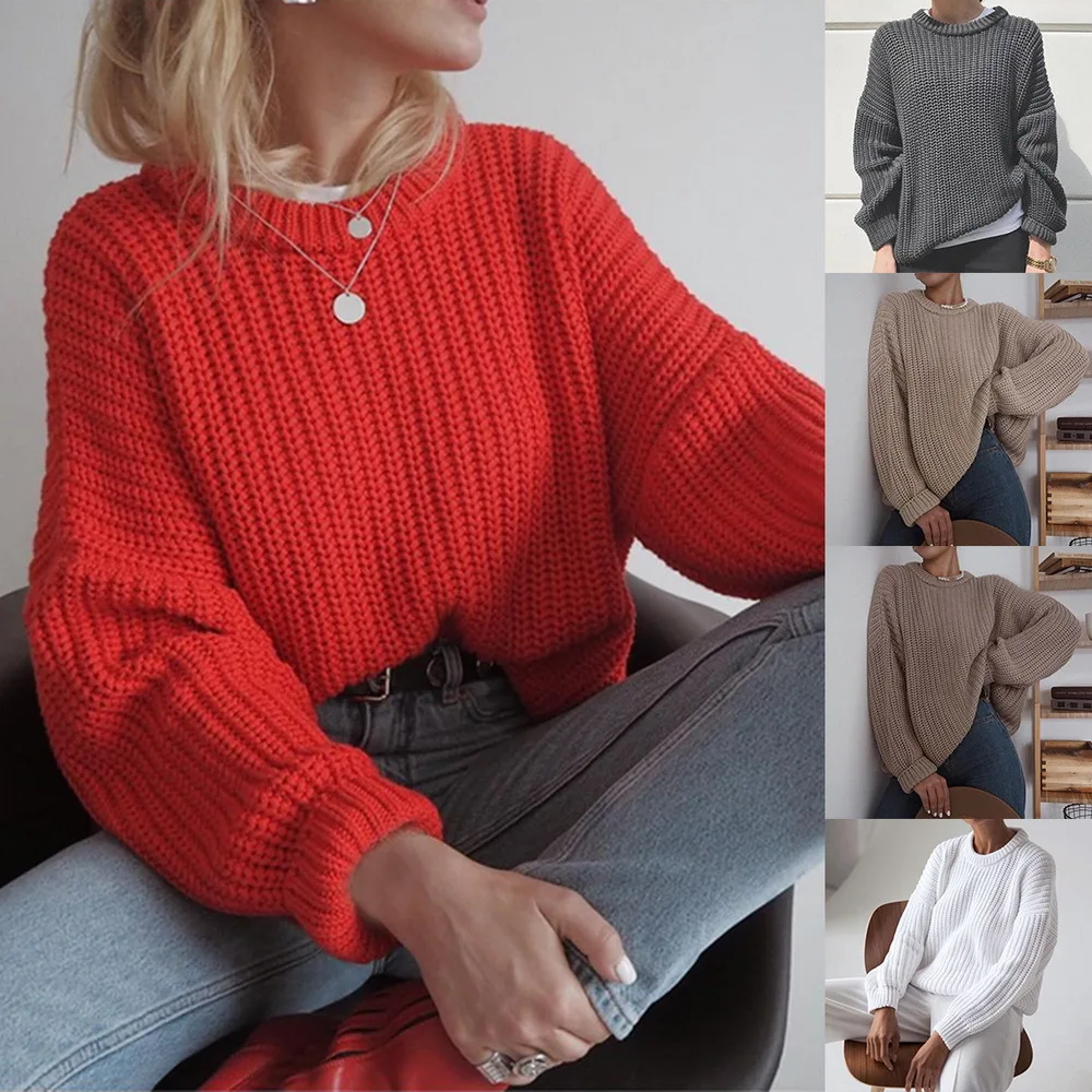 

New autumn and winter women's round neck pullover solid color loose plus size sweater women