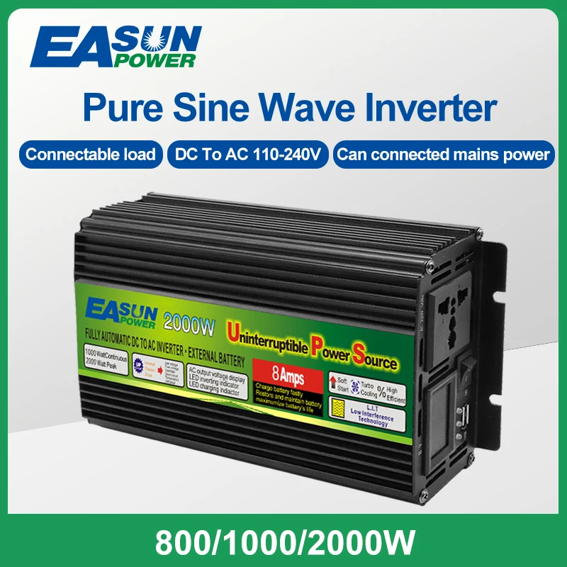 

Easun Power 800W 1000W 2000W UPS Inverter Pure Sine Wave DC 12V AC 220V Three-Phase Charging Car Inverter With Smart Fan