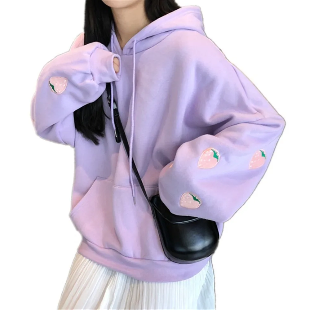 

XXL Harajuku Strawberry Embroidery Lavender Pink Sweatshirt Autumn Winter Women Kawaii Loose Long Sleeves Tops Oversized Hoodies