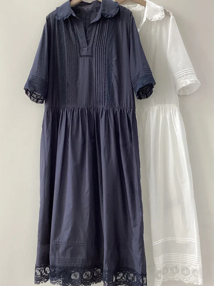 

Women Peter pan Collar Dress Short Sleeve Lace Stitching Loose 2023 Summer Female Mid-calf Robes