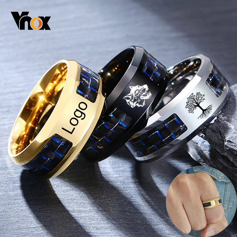 Vnox Customize Logo 8mm Men's Ring Carbon Fiber Wedding Band Personalized Simple Icon Image Meaningful Gift to Husband Dad