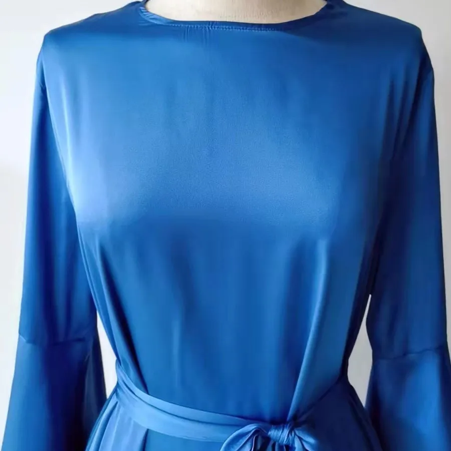 2022 New European And American Solid Color Satin Dress Double Layer Flare Sleeve Middle East Muslim Women 'S Robes