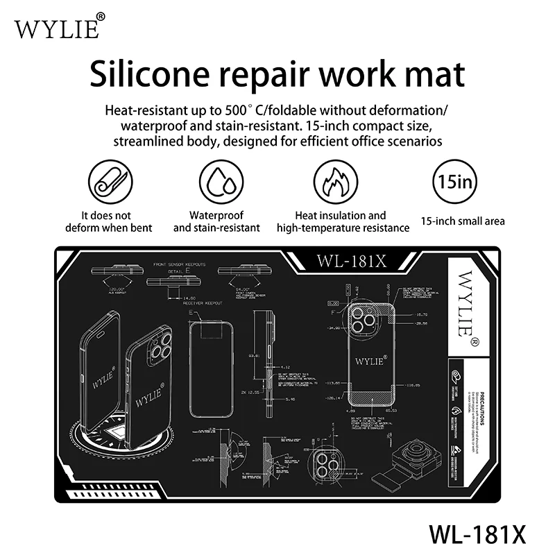 Фото Термостойкий изолированный силиконовый коврик для пайки WYLIE WL-181X, гибкая антидеформационная рабочая подложка для ремонта материнских плат телефонов №3