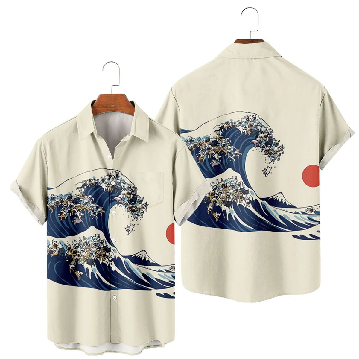 

New Summer Japan Ukiyoe Plus Size Japan Ukiyoe Vintage 3D Print Pocket Short Sleeve Shirt Men Summer New
