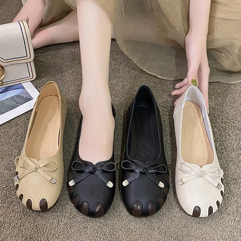 

Новые стильные модные лоферы с закрытым носком и бантом, износостойкие удобные элегантные повседневные женские туфли на плоской подошве