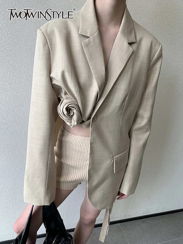 

TWOTWINSTYLE Vintage Asymmetrical Blazer For Women Notched Collar Long Sleeve Single Breasted Solid Blazers Female Clothing 2022