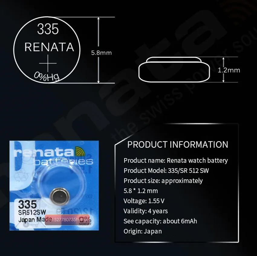 20 шт. оригинальные Renata Швейцарский аккумулятор 335 SR512SW 1 55 V для часов серебряные
