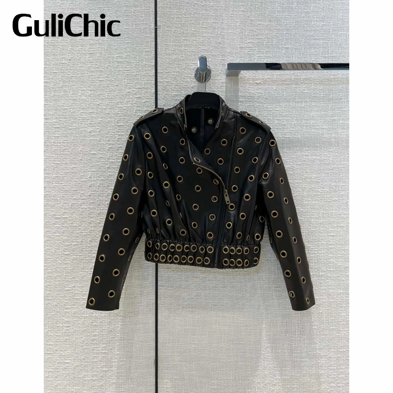 

7.28 GuliChic Women Genuine Leather Jacket Sheepskin Hollow Out Chic Temperament Short Black Biker Outerwear