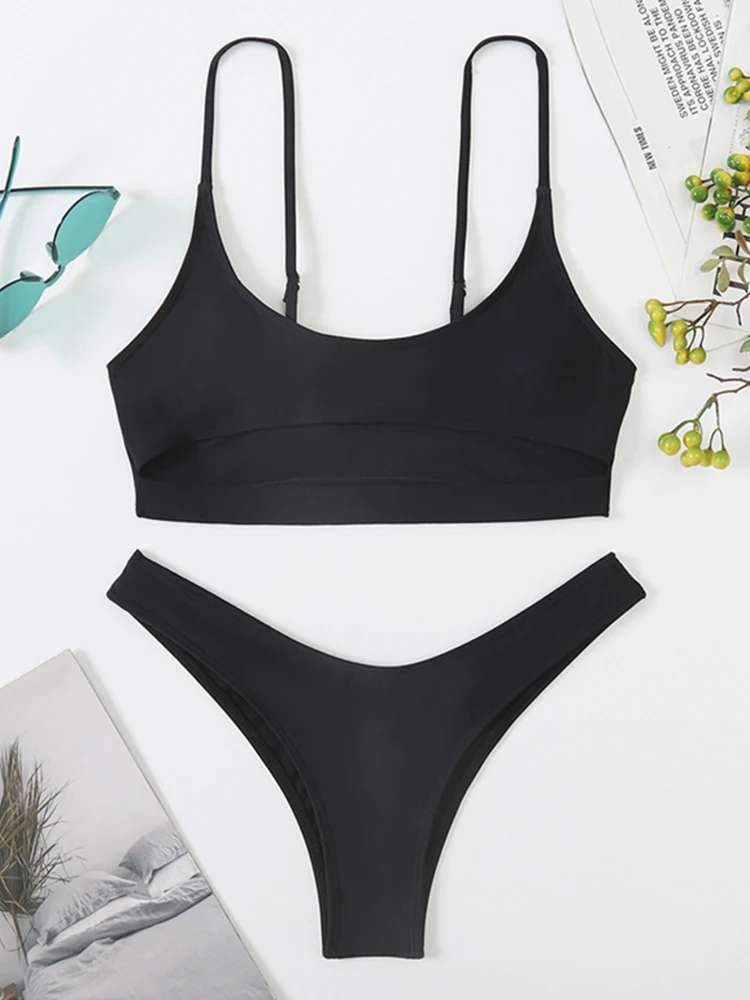 

Новинка 2023, женский купальник бикини, однотонный черный женский купальник с высокой талией, купальный костюм, пляжная одежда XL