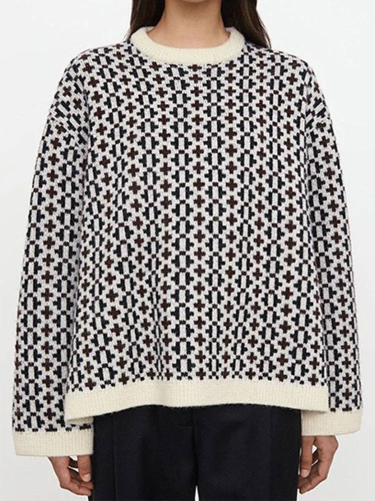 

City Wind Slit Loose Cross Pattern Round Neck Soft Wool Fashion Elegant Temperament 2023 Designer Women Sweater