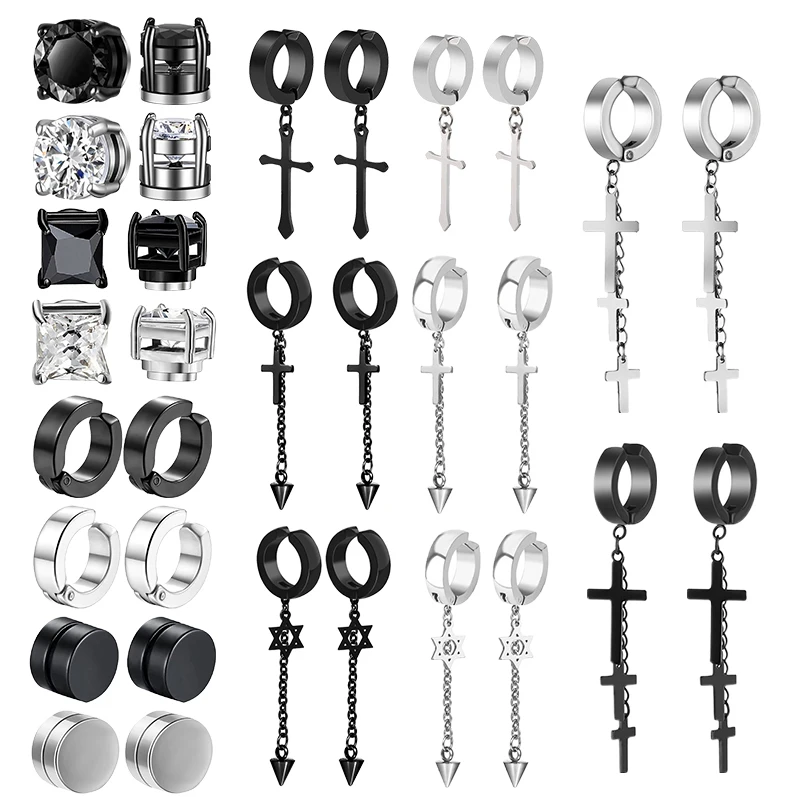 

16 Pairs Unisex Stainless Steel Magnet Clip-on Non-Perforated CZ Ring Pendant Cross Magnetic Earrings Magnetic Stud Earrings