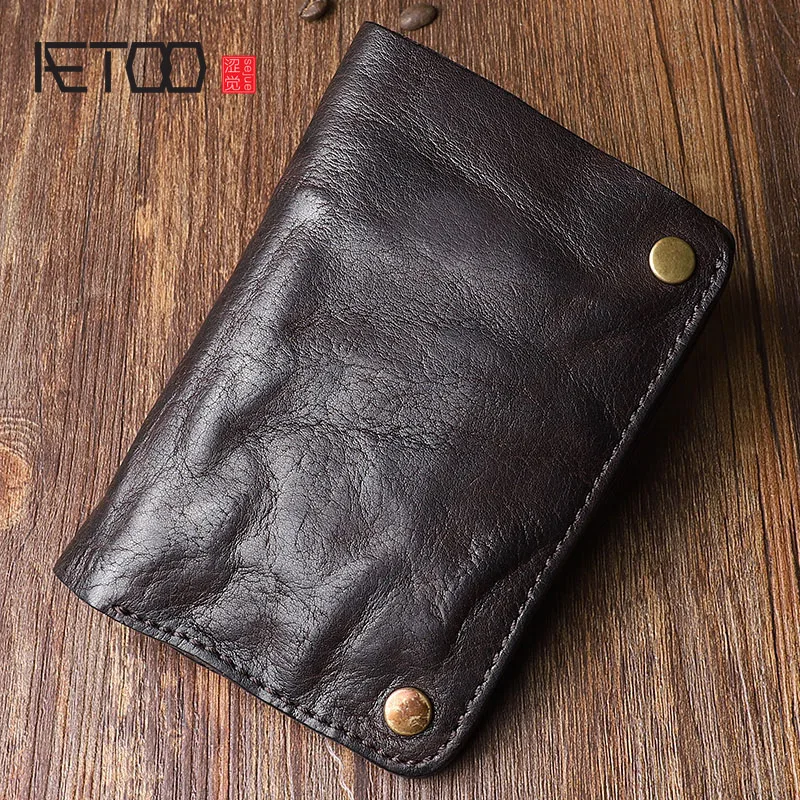 

AETOO Original retro wrinkled leather vertical wallet men's short paragraph first layer of leather wallet zipper small card