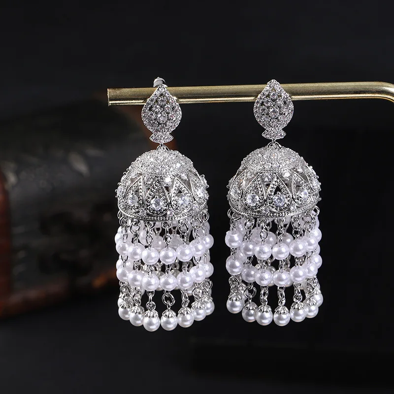 

Classical court vintage zircon exaggerated wind chimes fringed pearl elegant water drop earrings for women