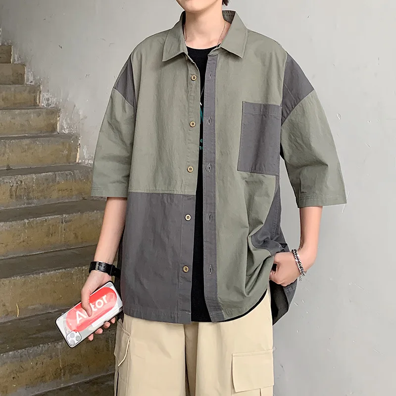 

2023 Fashion Men's Men's Shirt Summer Retro Stitching Five-point Sleeve Shirt Men's Korean Version Loose All-match Shirt Jacket