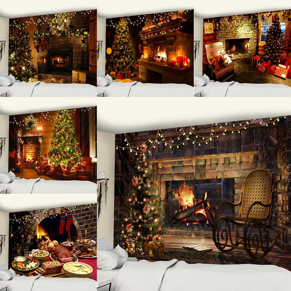 

Christmas Tapestry Christmas Tree and Fireplace Cozy Room Wall Decor Backdrop Fabric Wall Hanging Home Decor Tapestry Gift