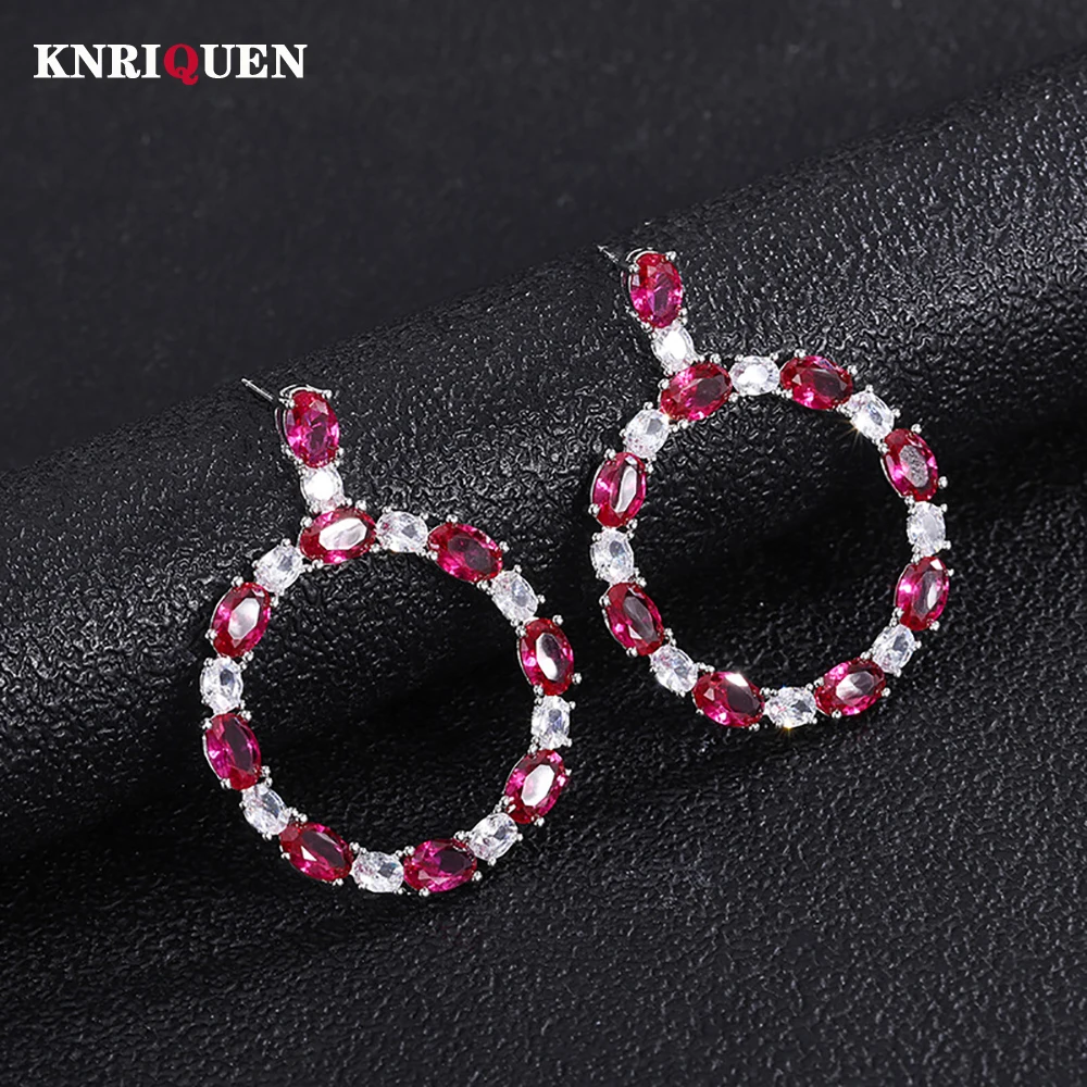 

2022 New Arrival Vintage 4*6mm Ruby Emerald Gemstone Drop Earrings for Women High Carbon Diamond Cocktail Party Fine Jewel Gift