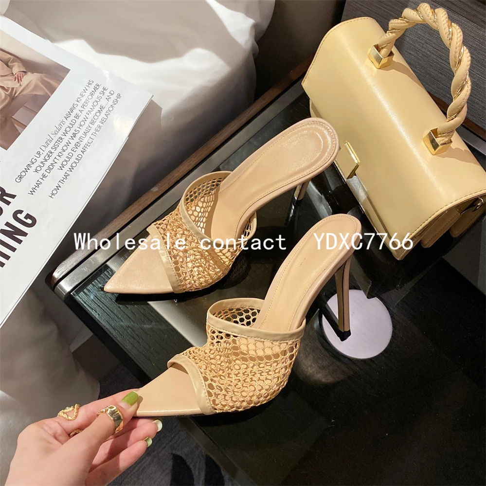 New European and American mesh fish mouth open toe thin heel high heels 2022 summer fashion sexy women wearing sandals slippers