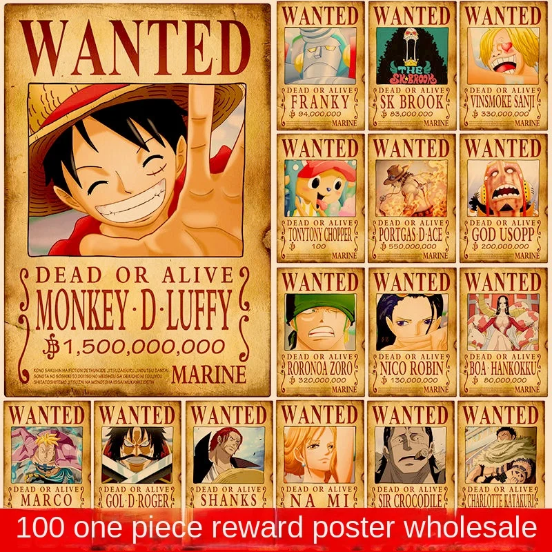 

100 One Piece Wanted Order/Reward Order Poster Seven Warlords of the Sea Anime Retro Kraft Paper Poster Wall Decorations