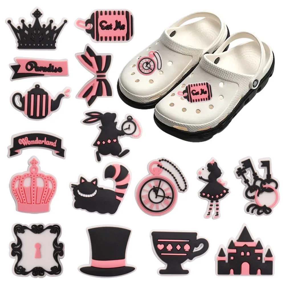 

1-16Pcs PVC Crown Castle Cat Key Shoes Decorations Blank And Pink Garden Sandals Buckle Fit Woman Croc Jibz Charm