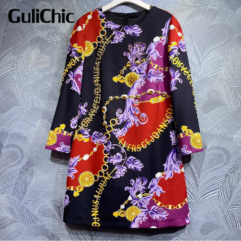 

10,9 GuliChic женское модное дизайнерское винтажное платье мини свободного кроя с принтом, вышивкой бисером, круглым вырезом и длинным рукавом