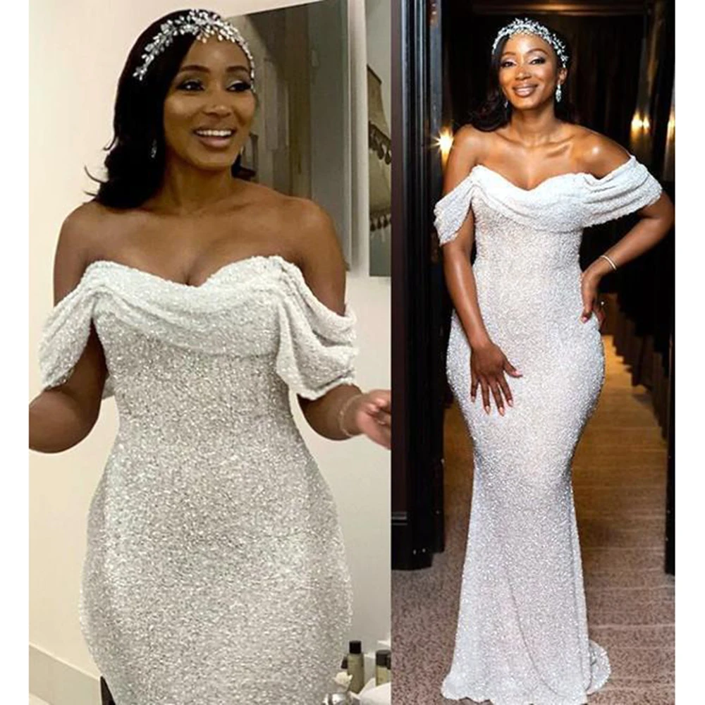

Vestido De Novia White Sparkly Sequins Mermaid Wedding Dresses 2022 Bridal Gown Off the Shoulder Custom Made Plus Size