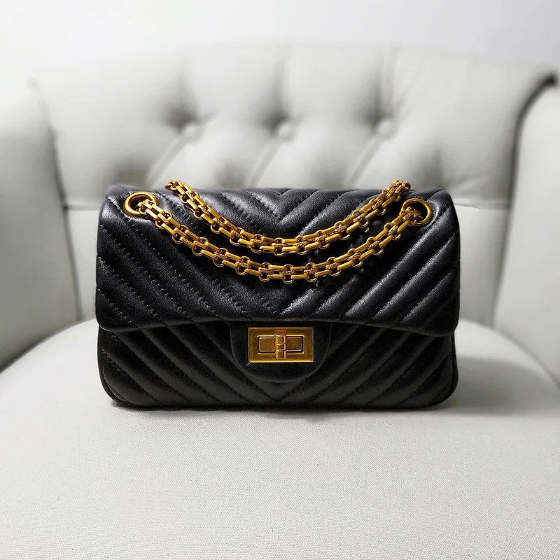 

2022 Lingge Sheepskin Chain Bag Fashion Single Shoulder Messenger Retro Gold Leather Women's Bag