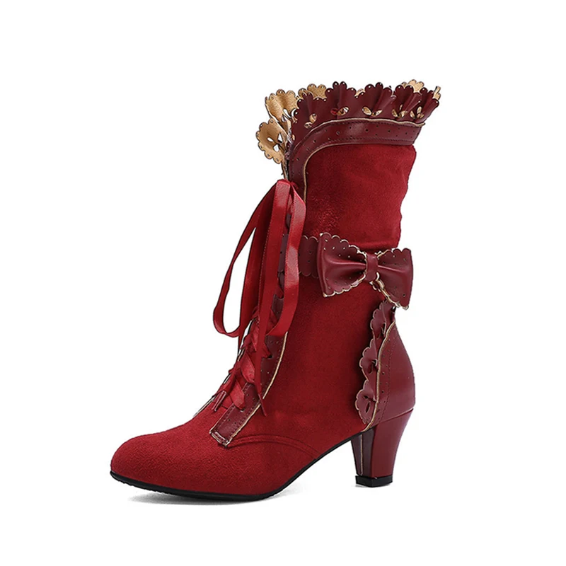 

Женские ботинки в стиле "Лолита", осенне-зимние ботинки до середины икры с бантом и шнуровкой, женские вечерние ботинки для косплея, женская обувь на массивном каблуке WSH4715