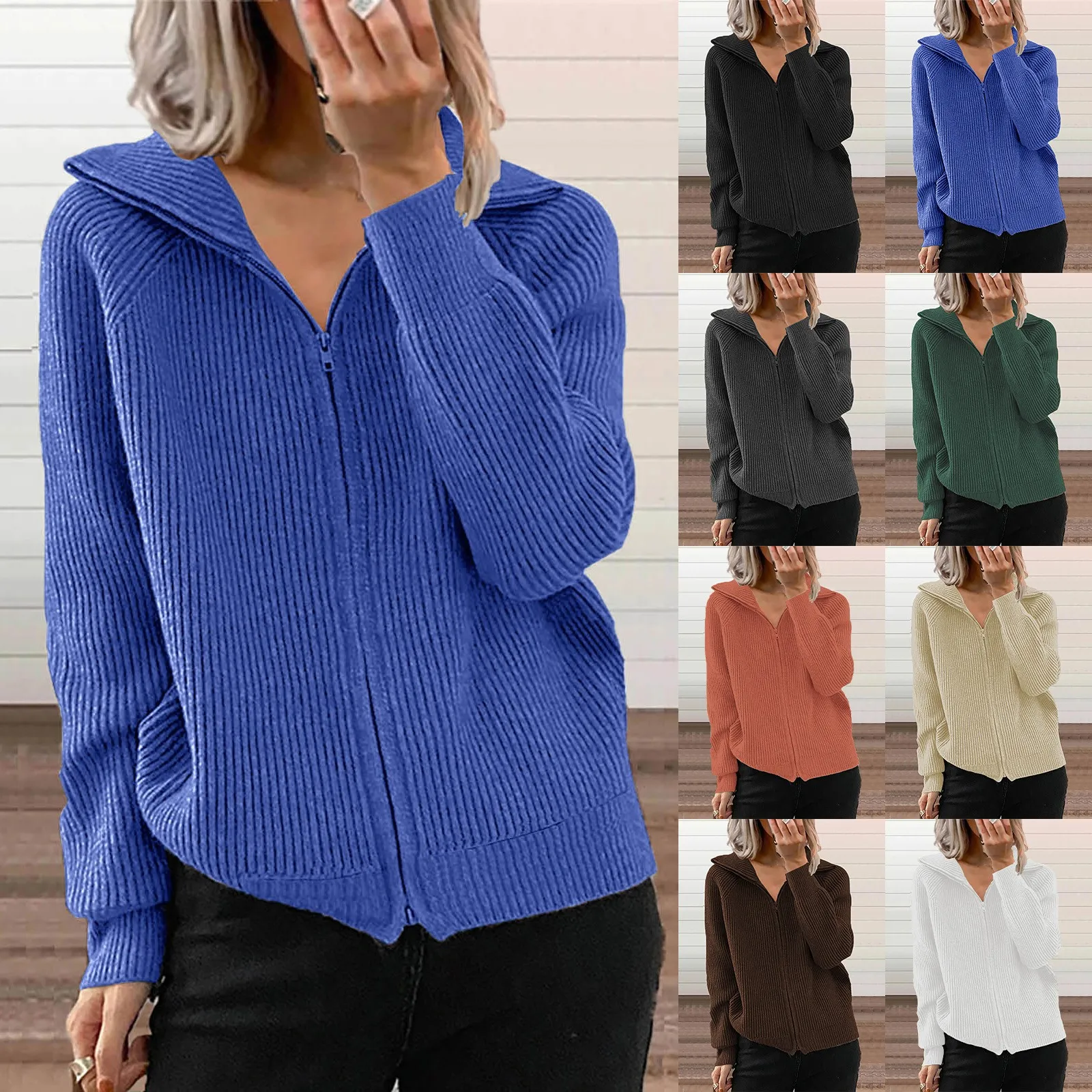 

Женская модная Свободная трикотажная однотонная полосатая Повседневная куртка на молнии