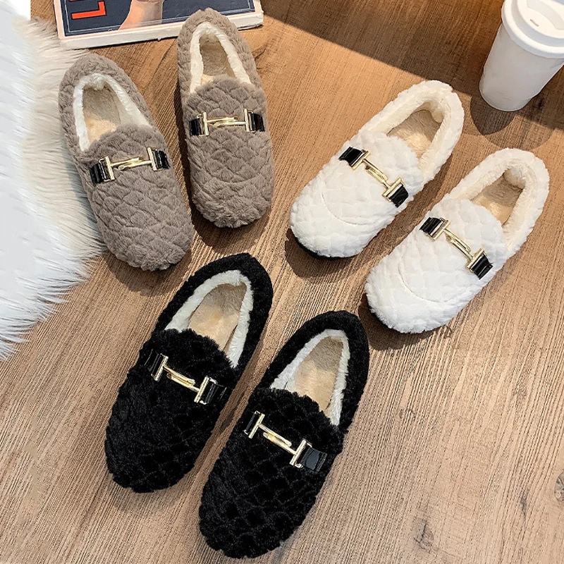 

Teddy Bear Fur Shoes Women‘s Autumn And Winter New One-pedal Lamb Hair Flat Peas Shoes Women‘s Cotton Shoes To Keep Warm