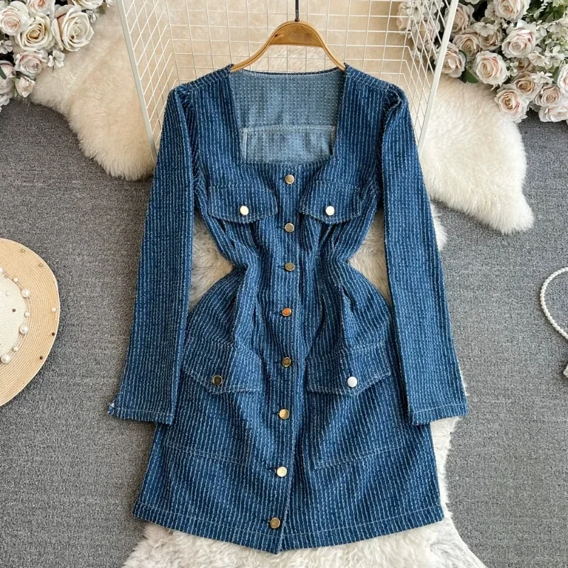 

Женское джинсовое платье с квадратным вырезом, облегающее однобортное платье из денима в винтажном Корейском стиле, Осень-зима 2023