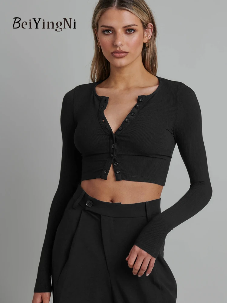 

Beiyingni Spring Autumn Crop Top Women Single-breasted Slim Fit Knit T-shirts Female Casual Sexy Fashion Casual Y2K Tshirts