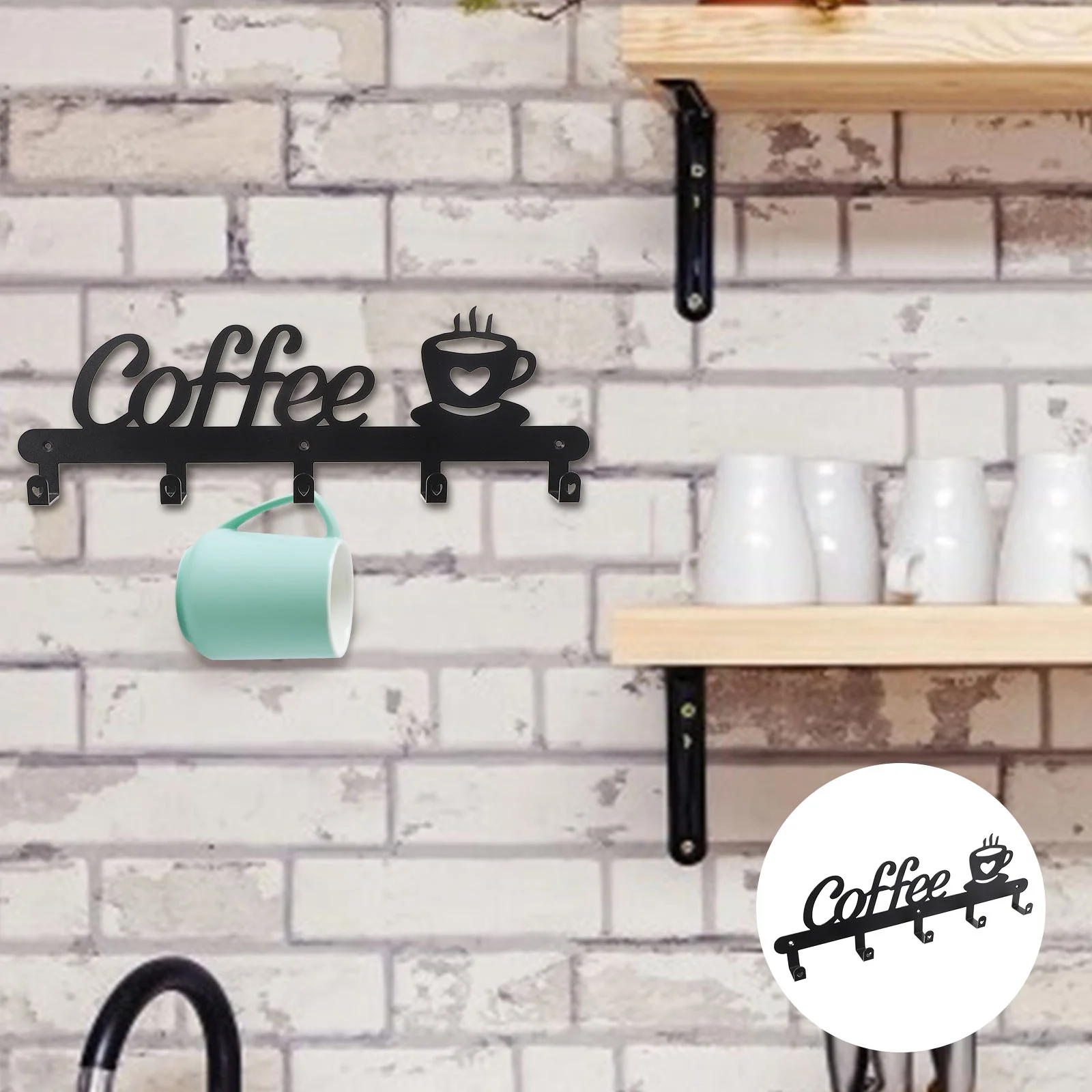

Rack Mug Cup Coffee Wall Hanging Storage Holder Hanger Tea Organizer Hook Hooks Metal Cups Shelf Mounted Hangers Decorative